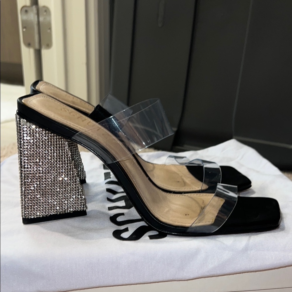 SCHUTZ Black and Silver Rhinestone Ariellen Block Heels